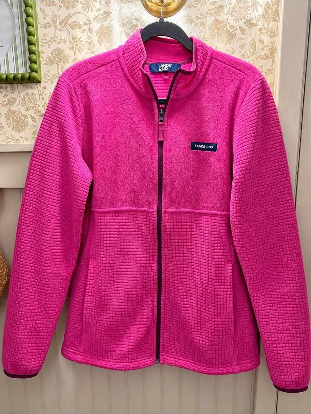 Lands’ End Bright Pink Full Zip Fleece Jacket Size L 14-16